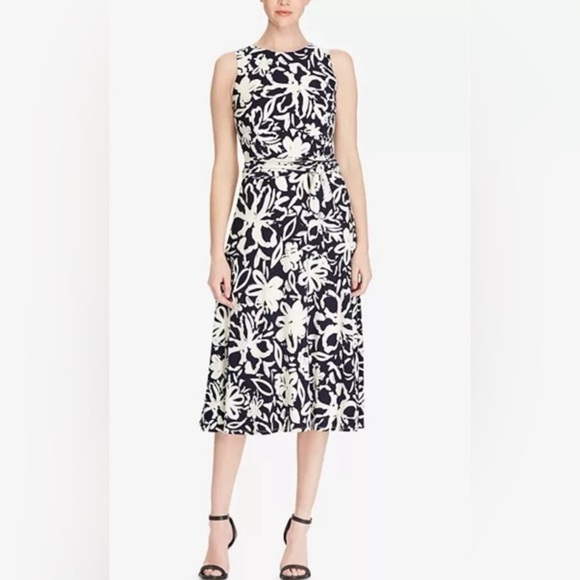Lauren by Ralph Lauren Floral-Print Fit & Flare Dress (Navy/Cream) Sz 16 - Picture 1 of 7